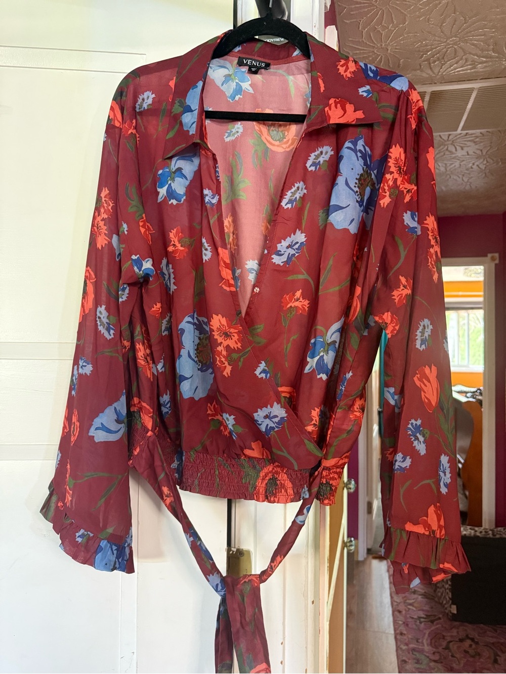 VENUS Maroon Floral Sheer Blouse with Blue and Green Accents - Picture 2 of 7